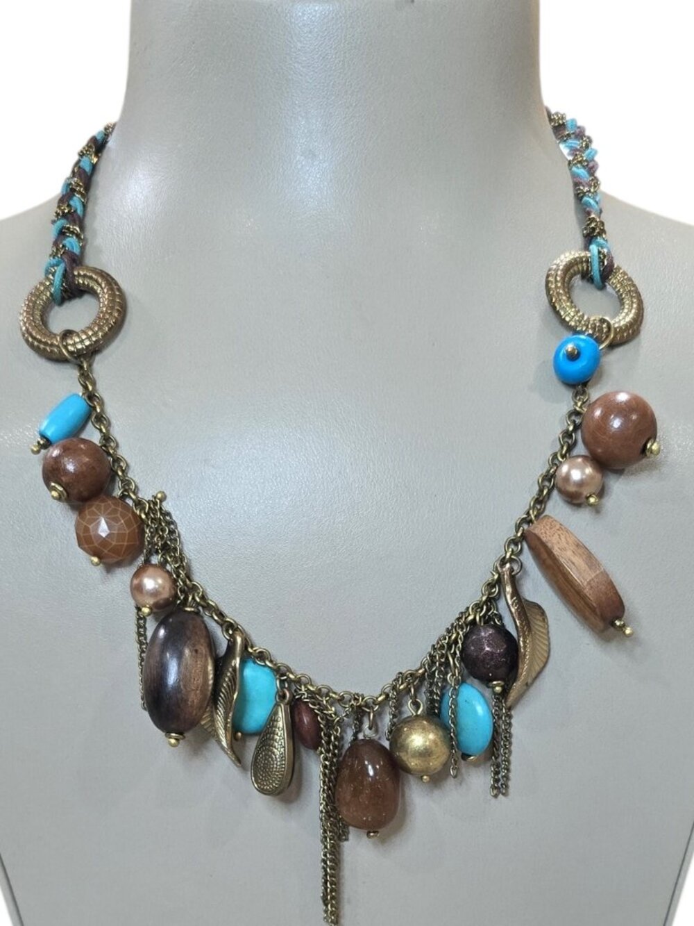 Stephan & Co Bohemian Brown Blue Braided Charm Wood Necklace NWT